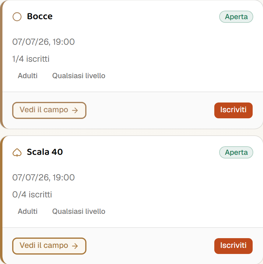Partite di bocce e Scala 40 aperte nell'app CampMate